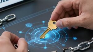 Золотой ключ на голографической схеме сети для выбора домена сайта по списанию долгов 2026