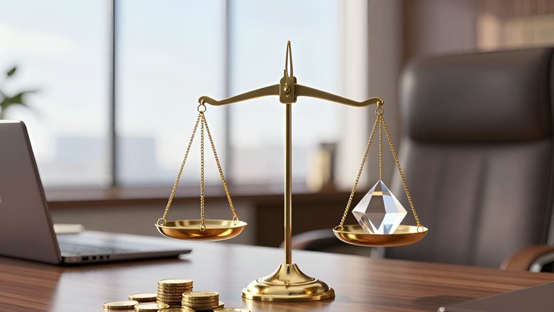 Золотые весы и монеты в офисе, показывающие, как премиум-домен увеличивает прибыль юриста по банкротству